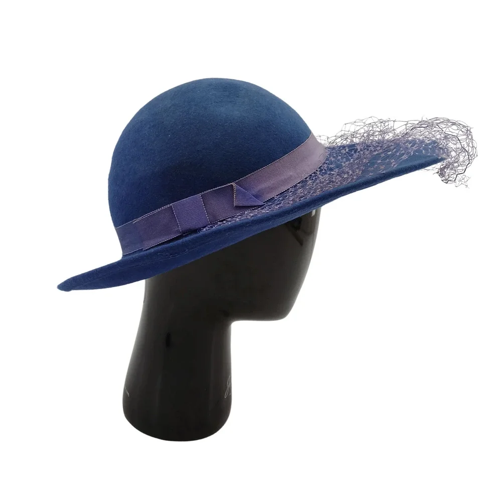 Womens Fedora Hat Blue Wool Netting with Band 100% Wool Lancaster USA